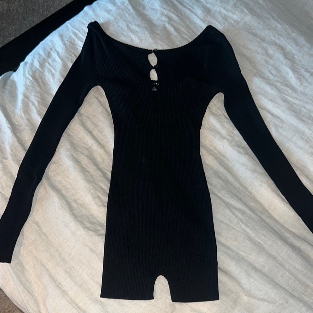 Black Long Sleeve Ribbed Romper